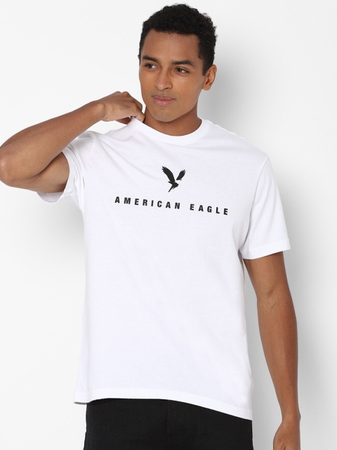 

AMERICAN EAGLE OUTFITTERS Men White & Black Brand Logo Printed Pure Cotton T-shirt