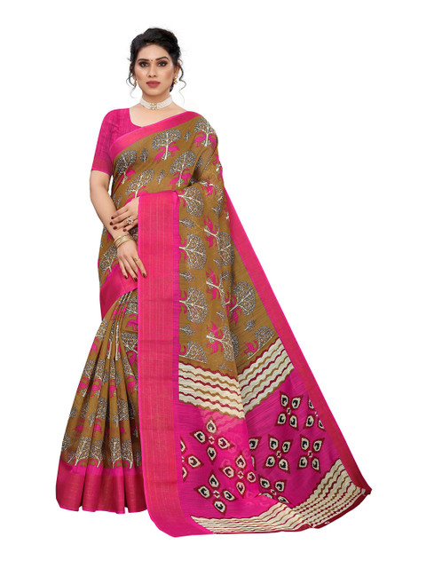 

KALINI Khaki & Pink Ethnic Motifs Linen Blend Saree