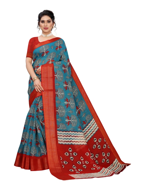 

KALINI Blue & Red Ethnic Motifs Linen Blend Saree