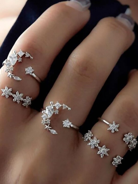

ToniQ Set Of 5 Silver-Toned & White Cubic Zirconia -Studded Charm Finger Rings, Gold