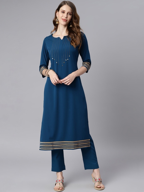 

Janasya Women Teal Blue & Golden Solid Kurta with Trousers