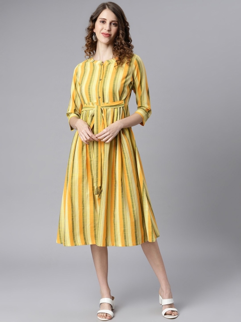 

Janasya Women Yellow Striped A-Line Midi Dress
