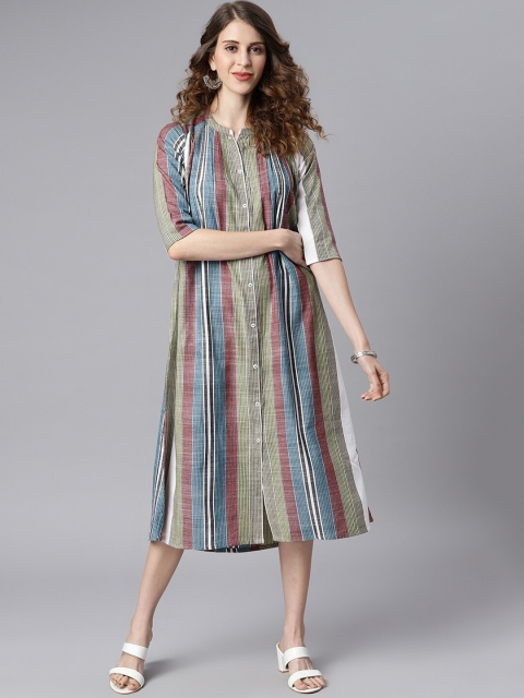 

Janasya Women Multicoloured Striped A-Line Midi Dress, Multi