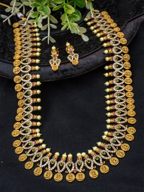 

Alankruthi Gold-Plated White & Green CZ-Studded Beaded Temple Jewellery Set