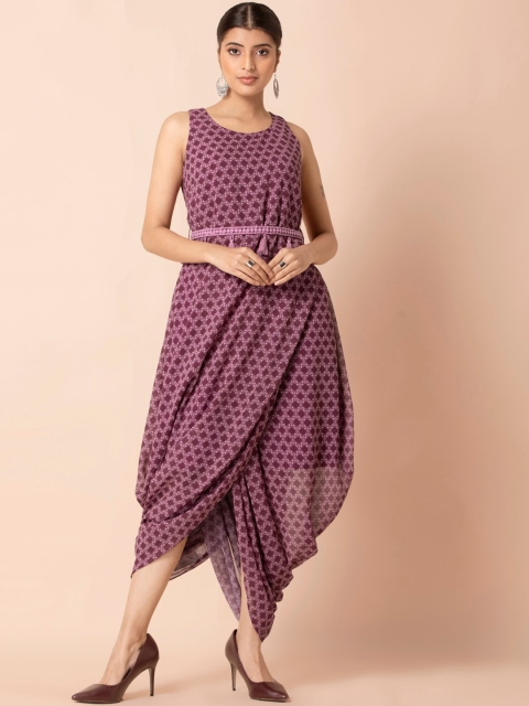 

INDYA Women Purple Geometric Printed Midi Dress ITN03098A