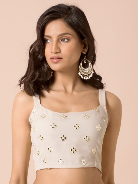 

INDYA Women Off White Embellished Embroidered Mirror Boota Strappy Crop Top