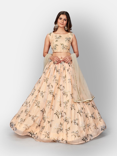

SHOPGARB Cream-Coloured & Green Printed Semi-Stitched Lehenga & Unstitched Blouse With Dupatta