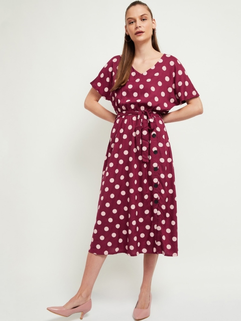 

max Women Maroon & White Polka Dot Midi Dress