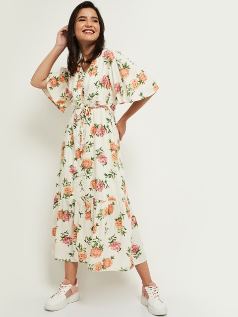 

max Women Cream-Coloured Floral V-Neck Maxi Dress