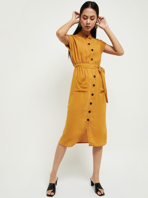 

max Women Mustard Yellow & Black Belted Shirt Dress