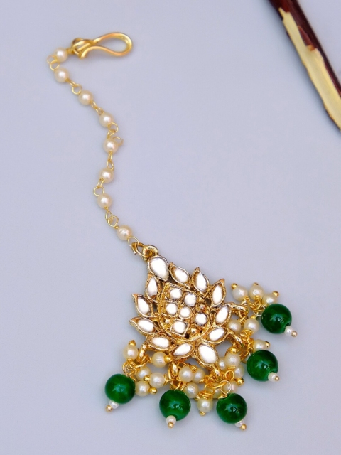 

Crunchy Fashion Gold-Plated White Kundan-Studded & Pearls Beaded Meenakari Maangtikka
