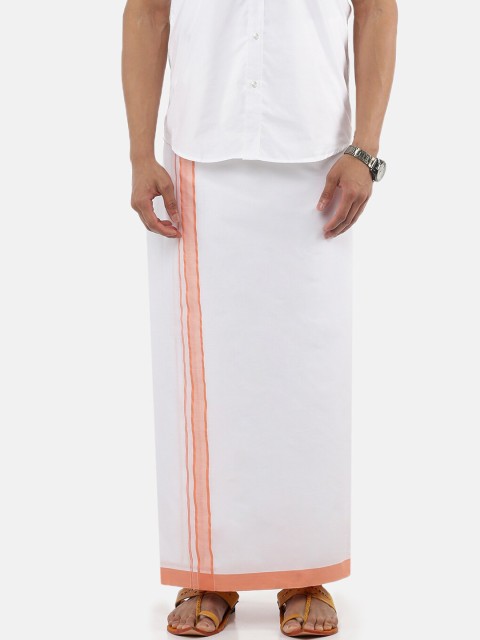 

RAMRAJ COTTON Men White Solid & Orange Border Pure Dhoti