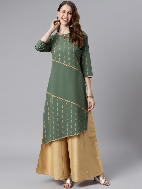 

Janasya Women Green Printed Asymmetric Crepe Kurta