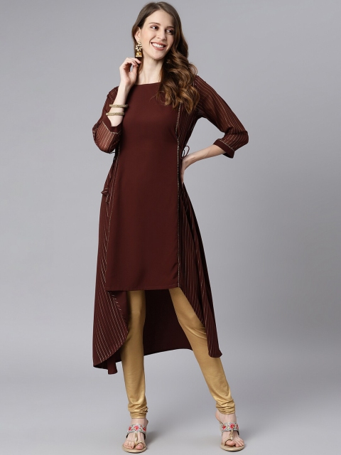 

Janasya Women Brown & Gold-Toned Striped Crepe Kurta
