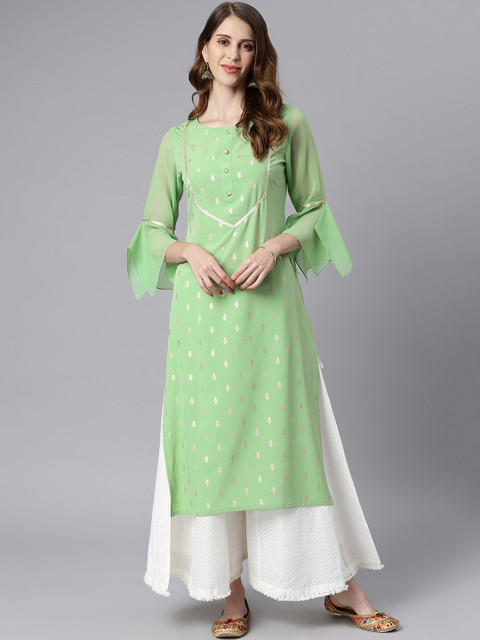 

Janasya Women Green & Gold-Toned Ethnic Motifs Bell Sleeves Crepe Kurta