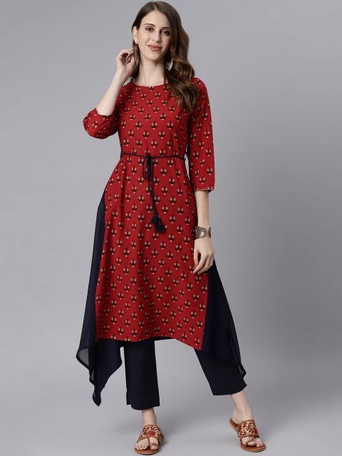

Janasya Women Maroon & Navy Blue Ethnic Motifs Tie-Ups Crepe Kurta