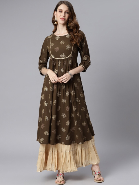 

Janasya Women Olive Green Ethnic Motifs Crepe Anarkali Kurta