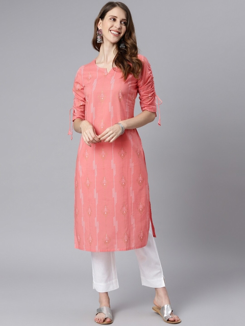 

Janasya Women Pink & White Bandhani Printed Kurta