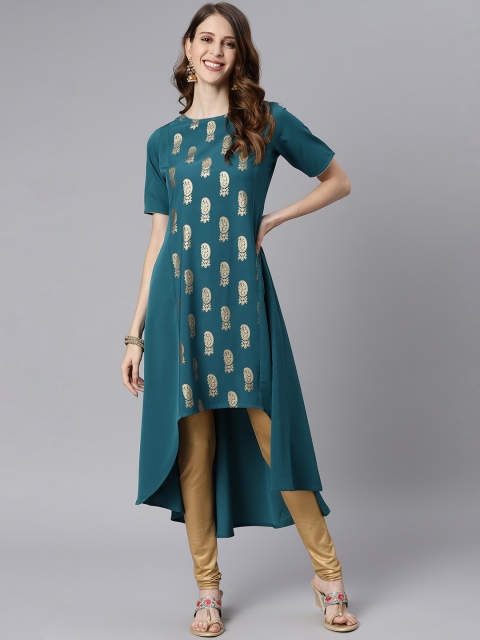 

Janasya Women Teal Green Ethnic Motifs Printed High-Low Kurta