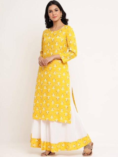 

Aprique FAB Women Mustard Yellow & White Floral Screen Printed Kurta with Skirt