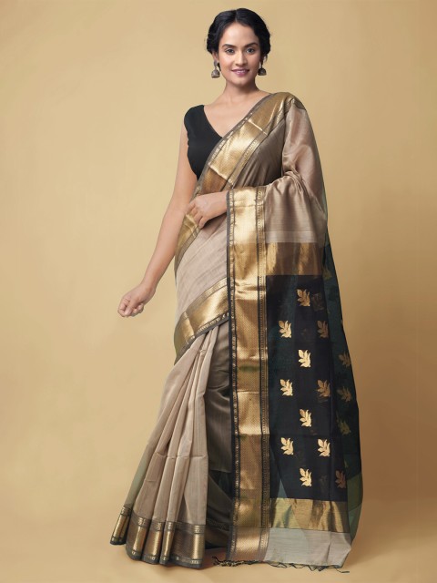 

Unnati Silks Beige & Gold-Toned Woven Design Zari Silk Cotton Maheshwari Saree