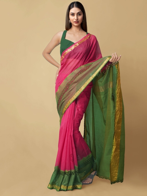 

Unnati Silks Pink & Green Checked Pure Cotton Kota Handloom Saree