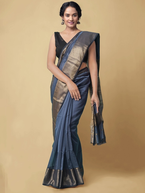 

Unnati Silks Navy Blue & Gold-Coloured Zari Silk Cotton Handloom Maheshwari Saree