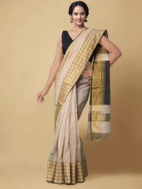 

Unnati Silks Beige & Black Silk Cotton Pure Handloom Maheshwari Saree