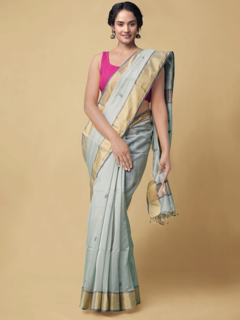 

Unnati Silks Turquoise Blue & Gold-Toned Silk Cotton Pure Handloom Maheshwari Saree