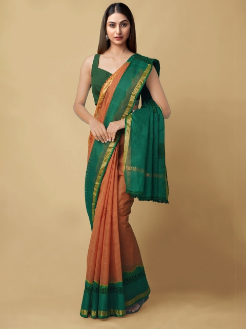 

Unnati Silks Orange & Green Floral Embroidered Pure Cotton Kota Handloom Saree