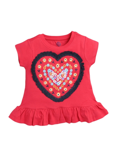 

TAMBOURINE Girls Red Black Floral Printed Pure Cotton T-shirt