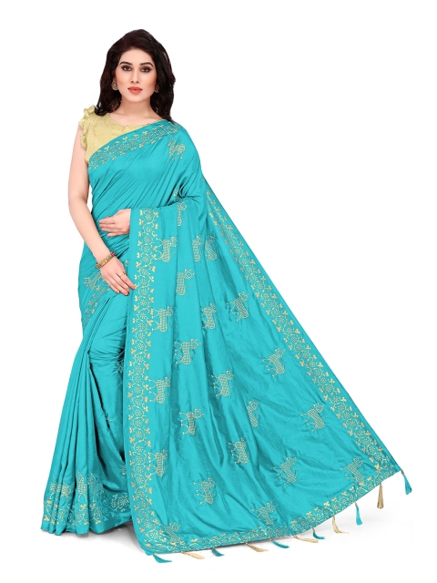 

KALINI Turquoise Blue & Gold-Toned Ethnic Motifs Silk Blend Saree