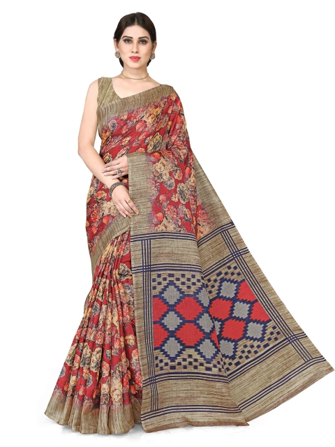 

KALINI Red & Beige Floral Art Silk Bagh Saree