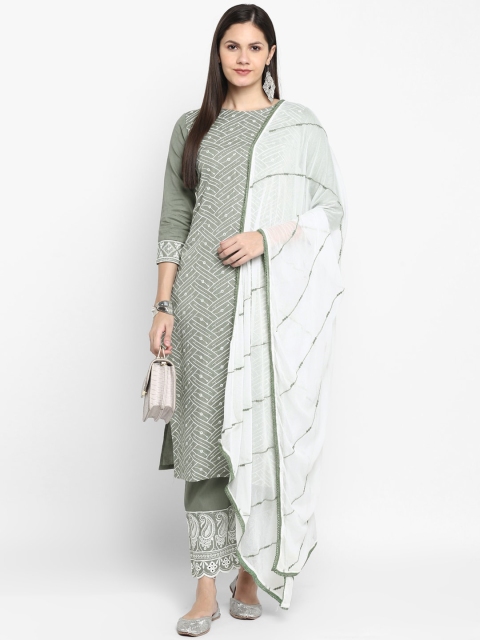 

VAABA Women Olive Green & White Chikankari Kurta with Trousers & Dupatta