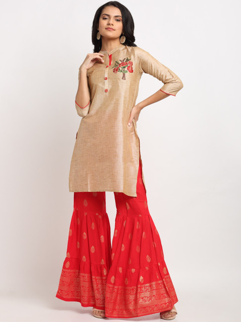 

Ardozaa Women Beige & Red Foil Print Floral Print Detail Chanderi Kurta with Sharara