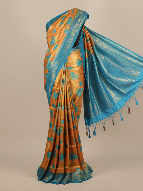 

Pothys Gold-Toned & Blue Woven Design Jute Silk Saree