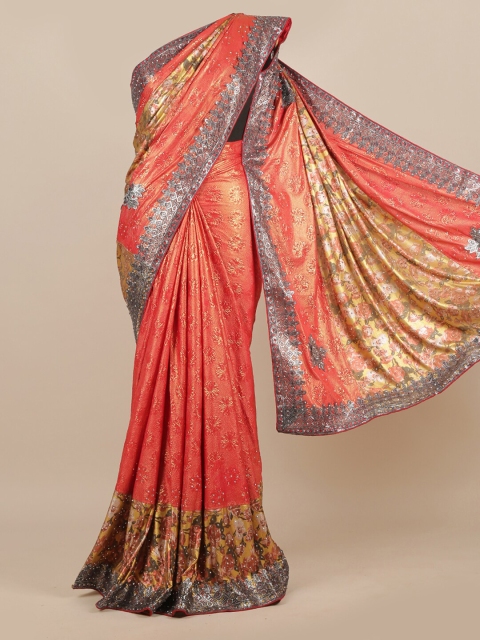 

Pothys Orange & Grey Embellished Beads and Stones Jute Silk Saree