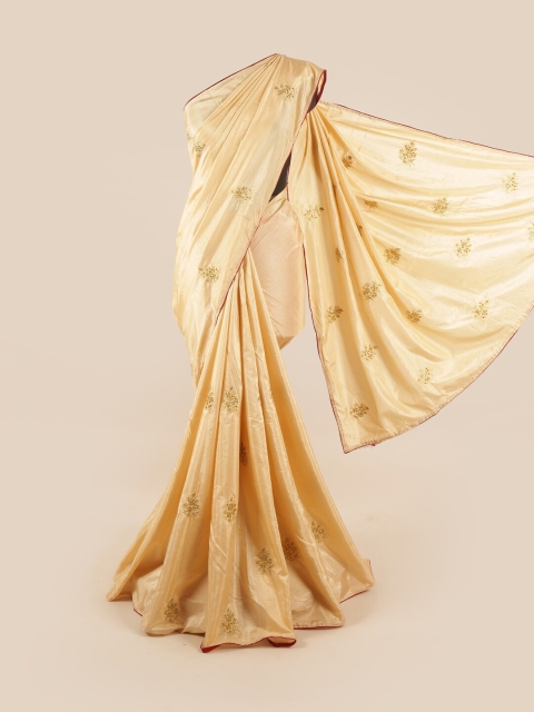 

Pothys Cream-Coloured & Gold-Toned Ethnic Motifs Embroidered Art Silk Saree