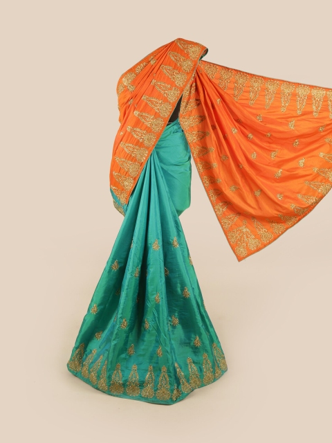 

Pothys Orange & Teal Ethnic Motifs Embroidered Art Silk Half and Half Saree
