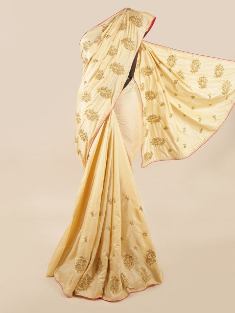 

Pothys Cream-Coloured & Golden Floral Beads and Stones Art Silk Saree