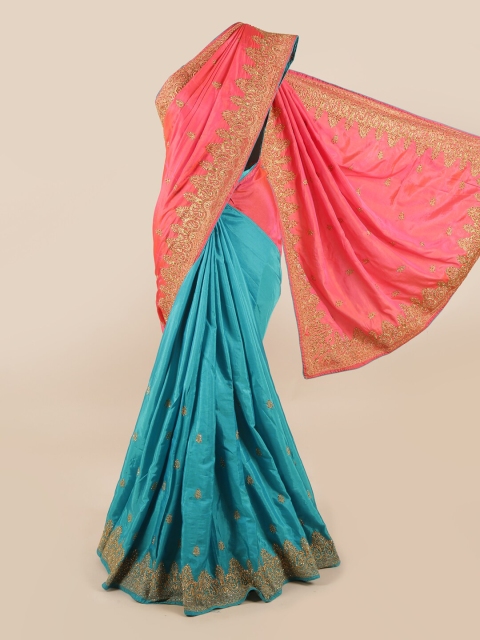 

Pothys Pink & Blue Ethnic Motifs Embroidered Art Silk Half and Half Saree