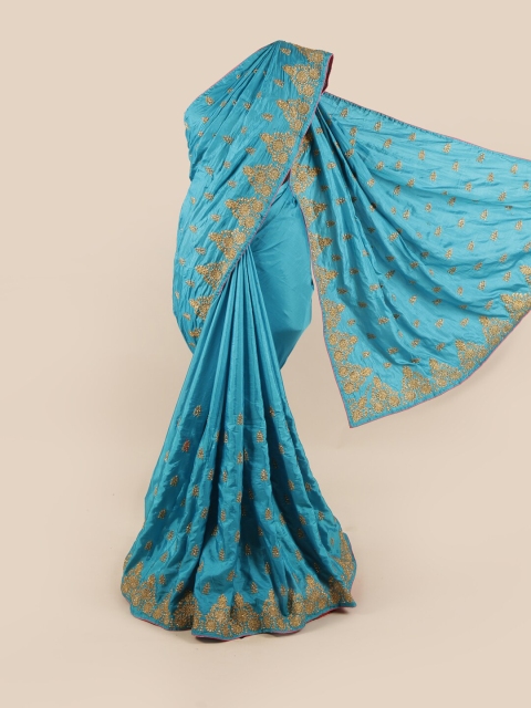 

Pothys Blue & Gold-Toned Floral Art Silk Saree