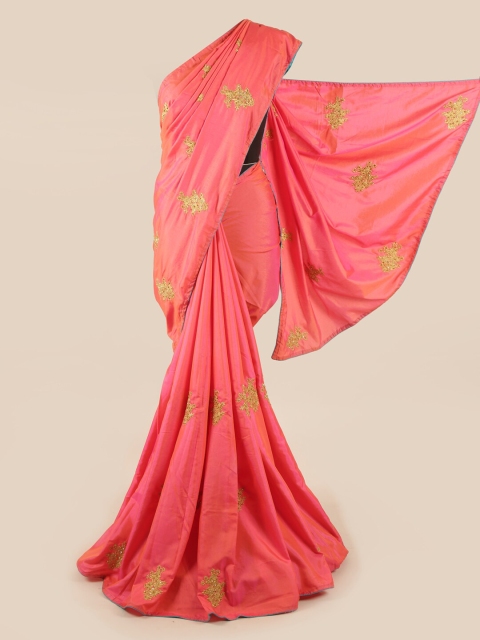 

Pothys Pink & Gold-Toned Floral Sequinned Art Silk Saree