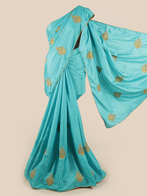 

Pothys Blue & Gold-Toned Ethnic Motifs Art Silk Saree