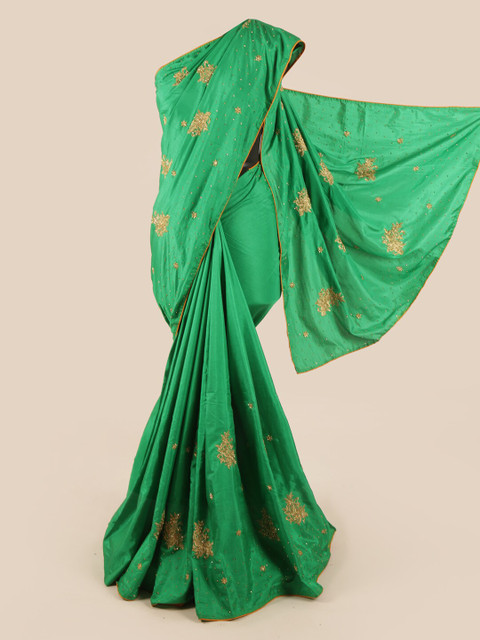 

Pothys Green & Gold-Toned Floral Beads and Stones Art Silk Saree