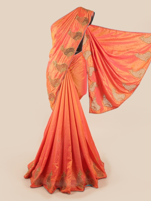 

Pothys Orange & Gold-Toned Embellished Sequinned Art Silk Saree