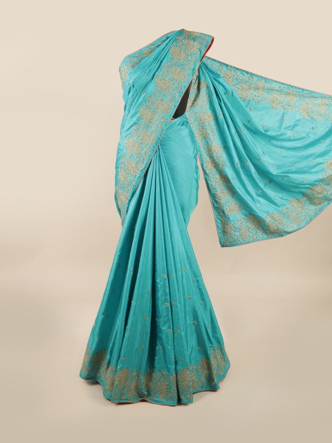 

Pothys Blue & Gold-Toned Floral Embroidered Art Silk Saree