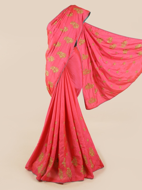 

Pothys Coral & Gold-Toned Floral Embroidered Art Silk Saree