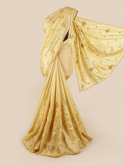 

Pothys Cream-Coloured & Gold-Toned Ethnic Motifs Sequinned Art Silk Saree
