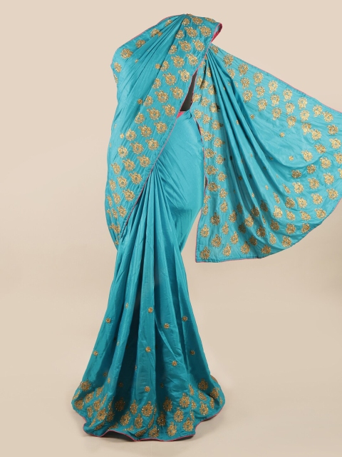 

Pothys Blue & Gold-Toned Floral Art Silk Saree